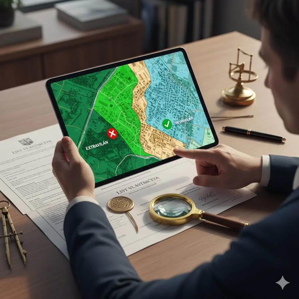 Čo je intravilán a extravilán? Kde môžete stavať a ako to ovplyvňuje cenu pozemku? 4 Ruky investora držiace tablet s mapou nad úradnými dokumentmi s lupou, znázorňujúce bezpečné overovanie parcely.