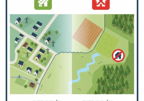 Ilustrácia rozdelenia územia na zastavanú časť so sieťami a nezastavanú prírodnú časť s lesom a potokom.