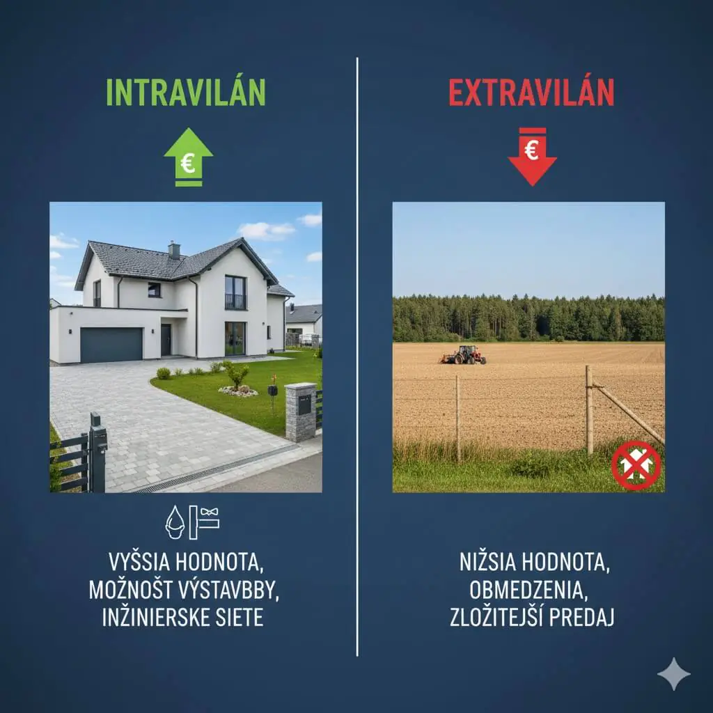 Čo je intravilán a extravilán? Kde môžete stavať a ako to ovplyvňuje cenu pozemku? 6 Infografika ukazujúca rozdiel v cene a možnostiach stavby medzi obytnou zónou a poľnohospodárskou pôdou.
