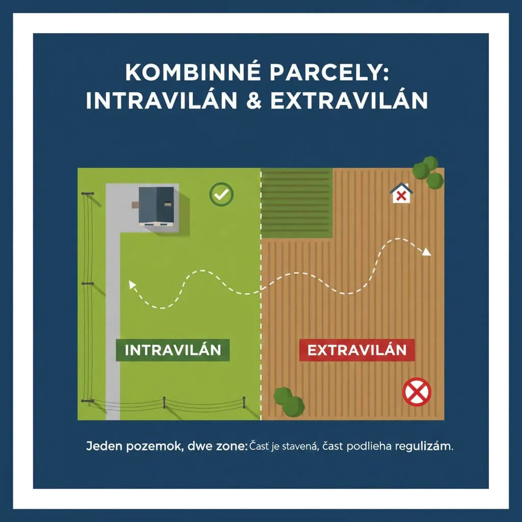 Čo je intravilán a extravilán? Kde môžete stavať a ako to ovplyvňuje cenu pozemku? 8 Schéma vysvetľujúca pojem kombinovaná parcela, kde časť pozemku dovoľuje stavbu a časť podlieha prísnym reguláciám.