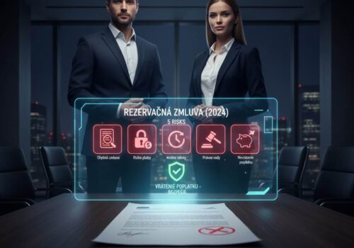 Pár v obleku sediaci pri stole skúma a diskutuje o veľkej rezervačnej zmluve s ikonami rizika (lupa, zámok, čas, nehnuteľnosť s ťarchou) a veľkým otáznikom, čo symbolizuje neistotu a potrebu opatrnosti pri podpise dokumentu.