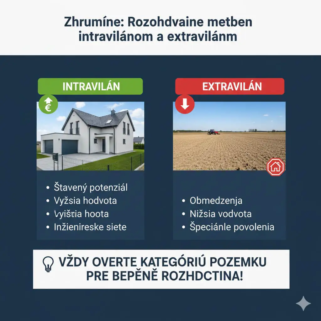 Čo je intravilán a extravilán? Kde môžete stavať a ako to ovplyvňuje cenu pozemku? 9 Prehľadná infografika so žiarovkou, ktorá sumarizuje hlavné výhody a riziká spojené s kategóriami pôdy.