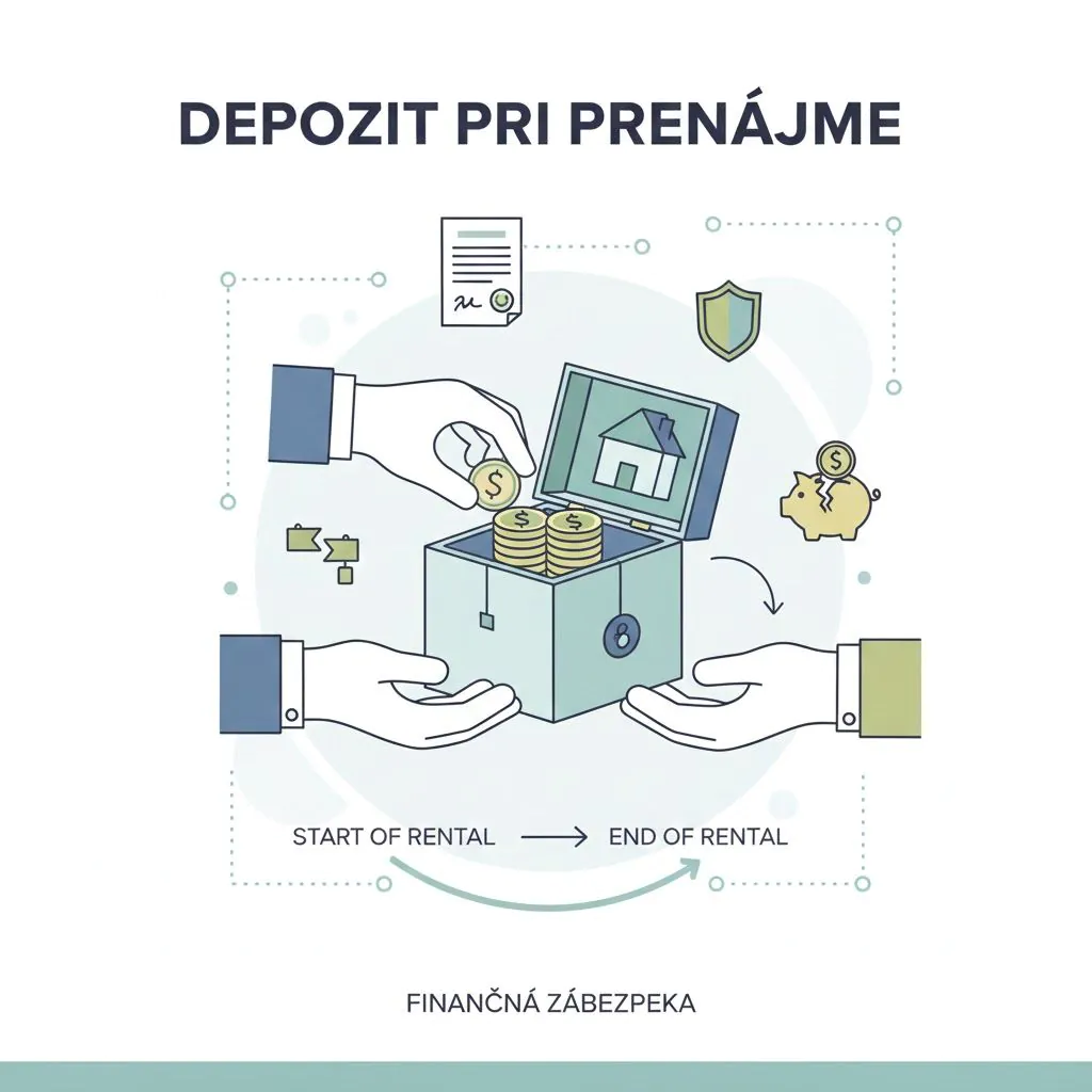 Čo je depozit pri prenájme? 2 Vizualizácia finančnej zábezpeky (depozitu) pri prenájme. Zobrazenie rúk vymieňajúcich si peniaze pred domom, pričom peniaze sú uložené do symbolického úložiska (trezor/obálka). Symbolizuje to ochranu majetku a záväzkov počas trvania nájmu.