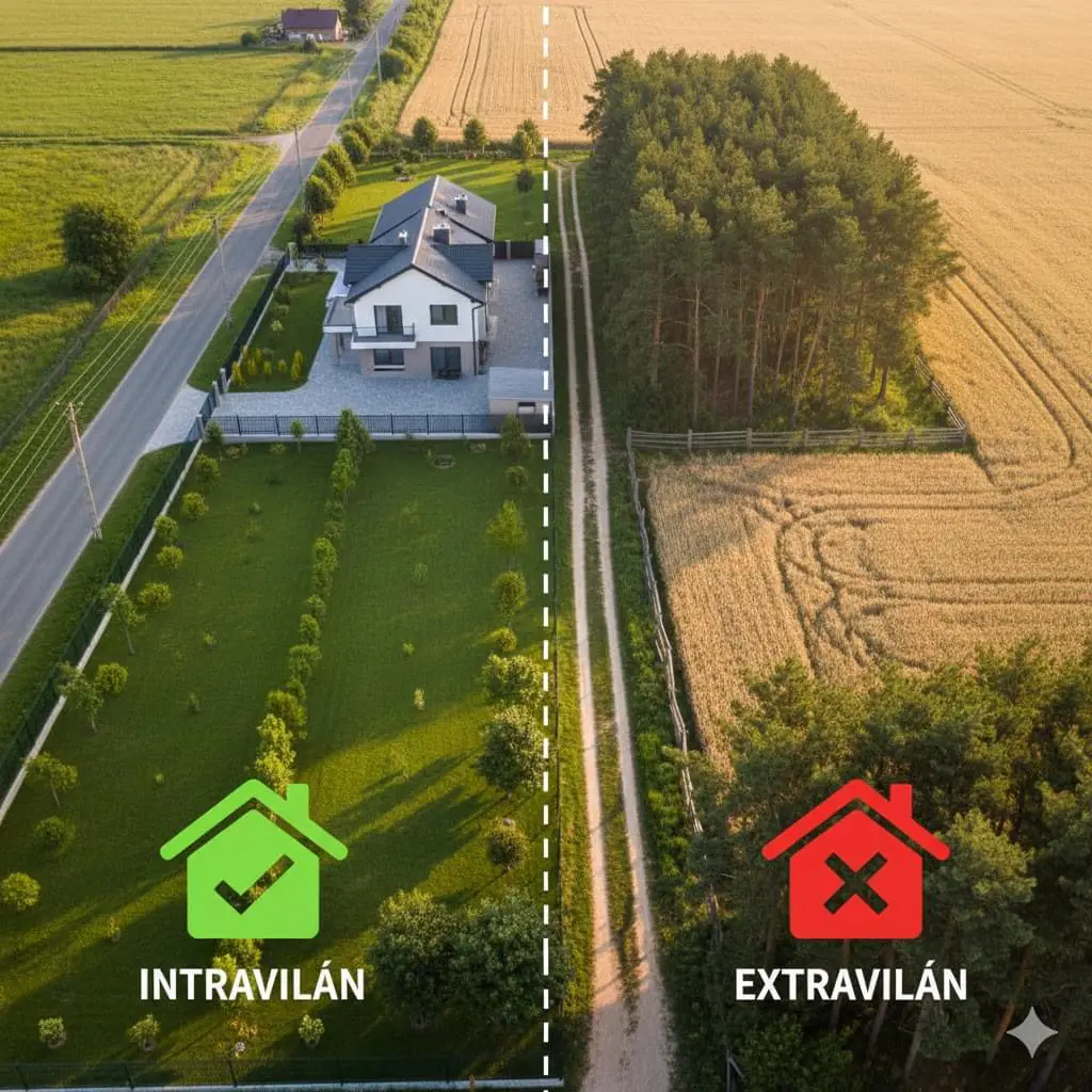 Čo je intravilán a extravilán? Kde môžete stavať a ako to ovplyvňuje cenu pozemku? 5 Letecký záber na rodinný dom s vyznačenou deliacou čiarou, ktorá oddeľuje intravilán od extravilánu v praxi.