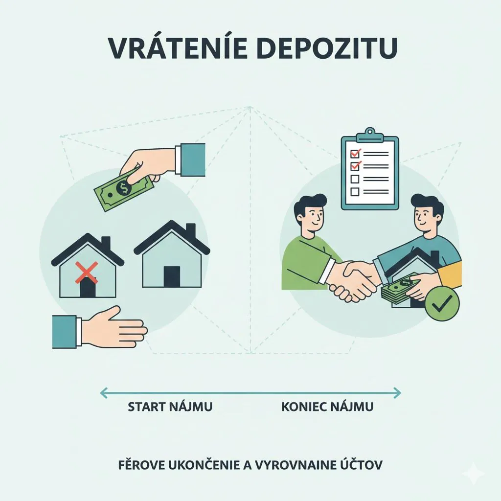 Čo je depozit pri prenájme? 3 Ilustrácia zobrazujúca vrátenie depozitu nájomcovi na konci prenájmu. Dve ruky si podávajú peniaze/bankovky a v pozadí je symbolický kontrolný zoznam (checklist) alebo prehliadka bytu, čo znázorňuje kontrolu nehnuteľnosti pred vyplatením zálohy.