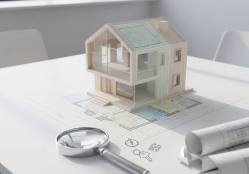 Profesionálna vizualizácia moderného domu a technického pôdorysu na stole, znázorňujúca komplexný pohľad na rôzne druhy výmer nehnuteľnosti.