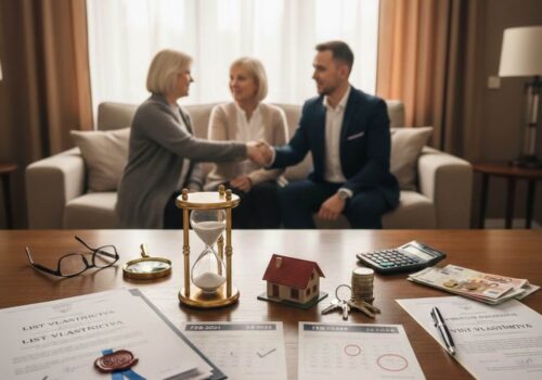 Kompozícia s dokumentmi, maketou domu a maklérom podávajúcim si ruku s klientkou v pozadí.