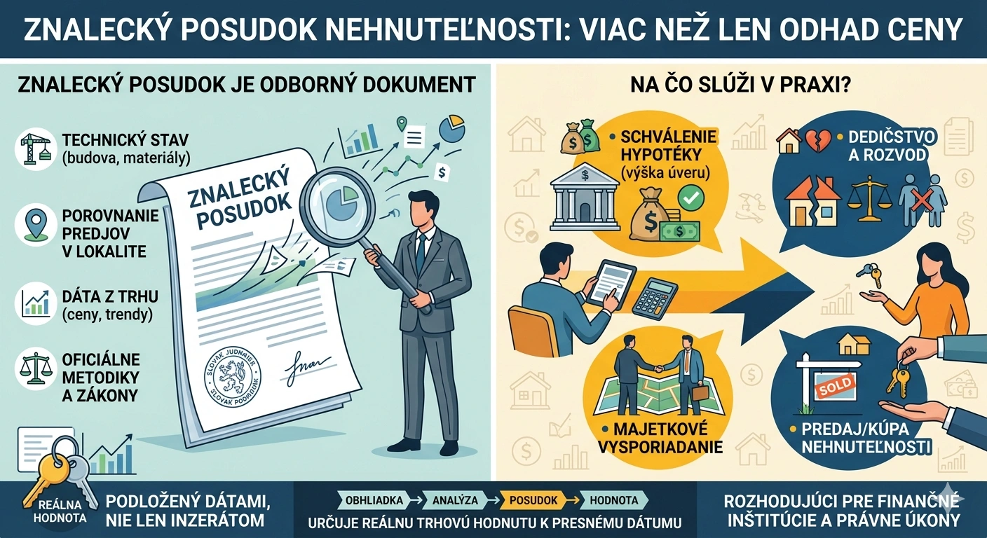 Podrobná infografika vysvetľujúca, čo je znalecký posudok nehnuteľnosti a aké je jeho využitie v praxi. Vizuál znázorňuje kľúčové prvky procesu: technický stav, porovnanie predajov, trhové dáta a oficiálne metodiky, ktoré zohľadňuje súdny znalec.