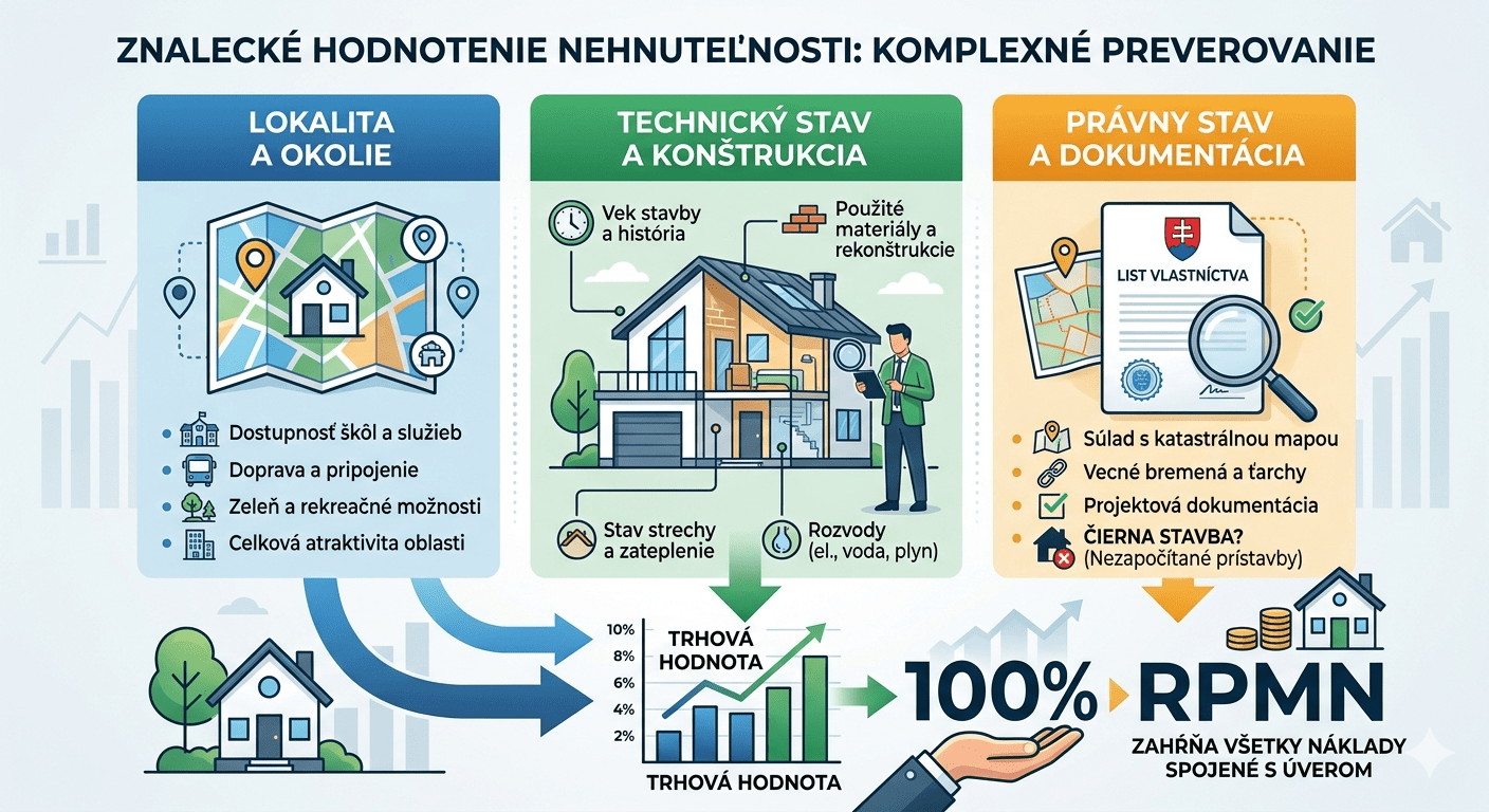 omplexná infografika znázorňujúca proces znaleckého hodnotenia nehnuteľnosti. Obrázok rozdeľuje prácu znalca do troch oblastí: Lokalita a okolie (doprava, služby), Technický stav (materiály, vek, rozvody) a Právny stav (LV, katastrálna mapa, čierne stavby).