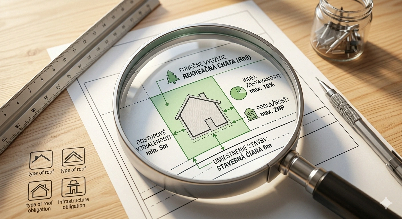 Tento vizuál presne ukazuje podrobné technické pravidlá, ktoré určujú, aký vysoký môže byť váš dom, koľko percent pozemku môžete zastavať a aké odstupy musíte dodržať od susedov.