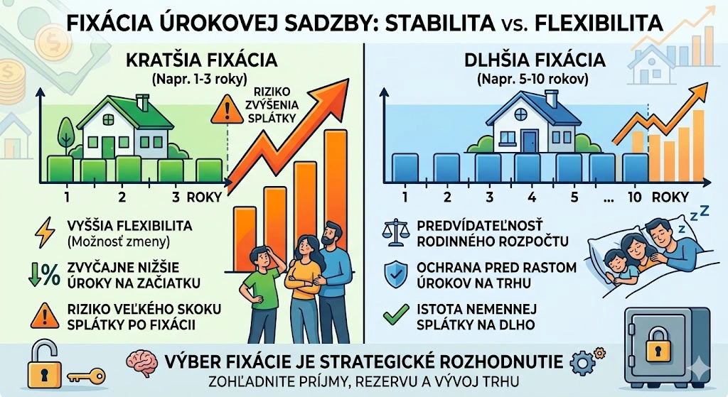 Podrobná porovnávacia infografika, ktorá vizuálne vysvetľuje rozdiely medzi krátkou a dlhou fixáciou úrokovej sadzby pri hypotéke.