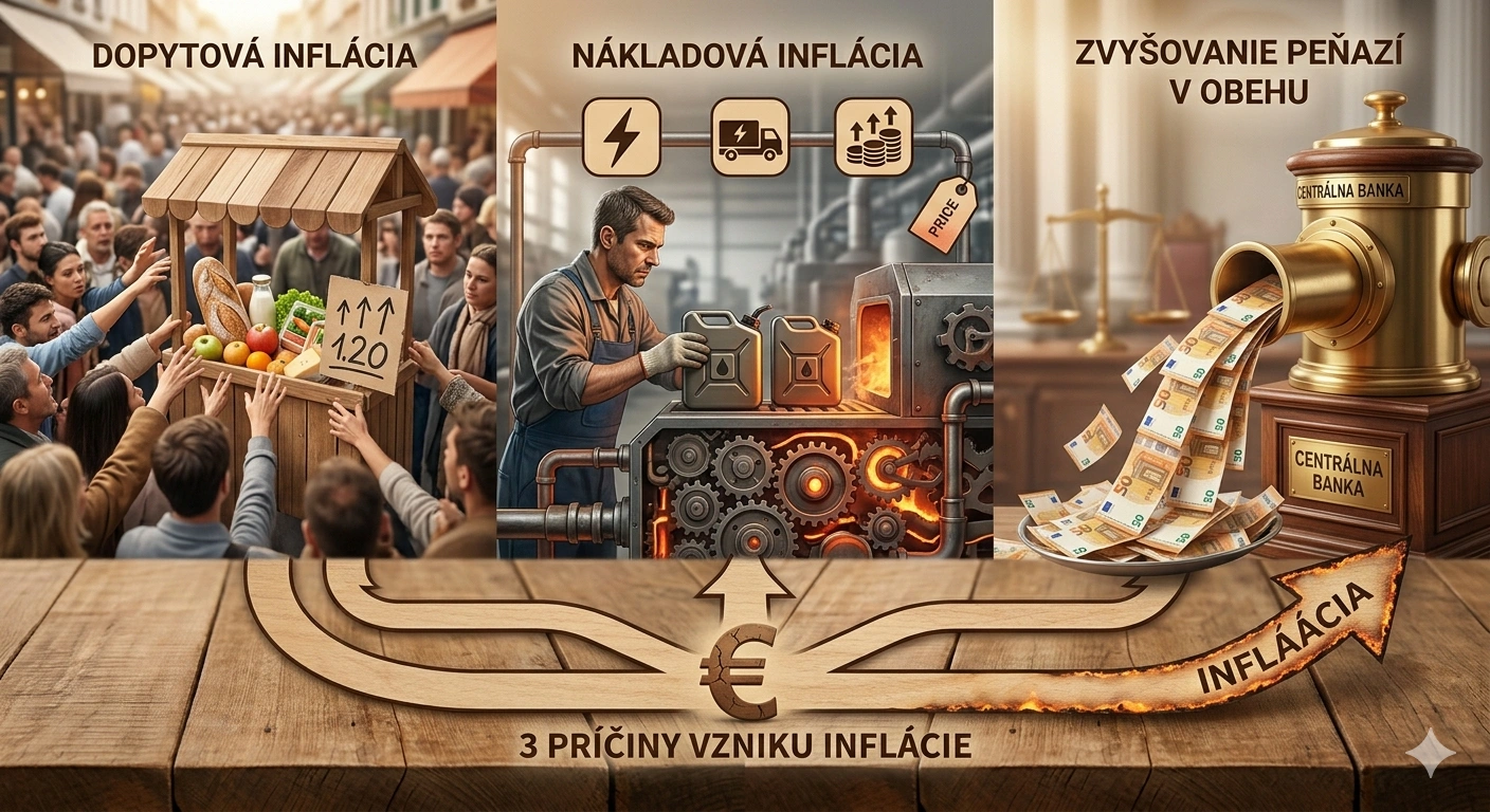 Vizuálna ilustrácia troch hlavných príčin vzniku inflácie: dopytová inflácia (dav ľudí), nákladová inflácia (zvýšenie cien energií a miezd) a zvyšovanie množstva peňazí v obehu (tlačenie bankoviek centrálnou bankou).