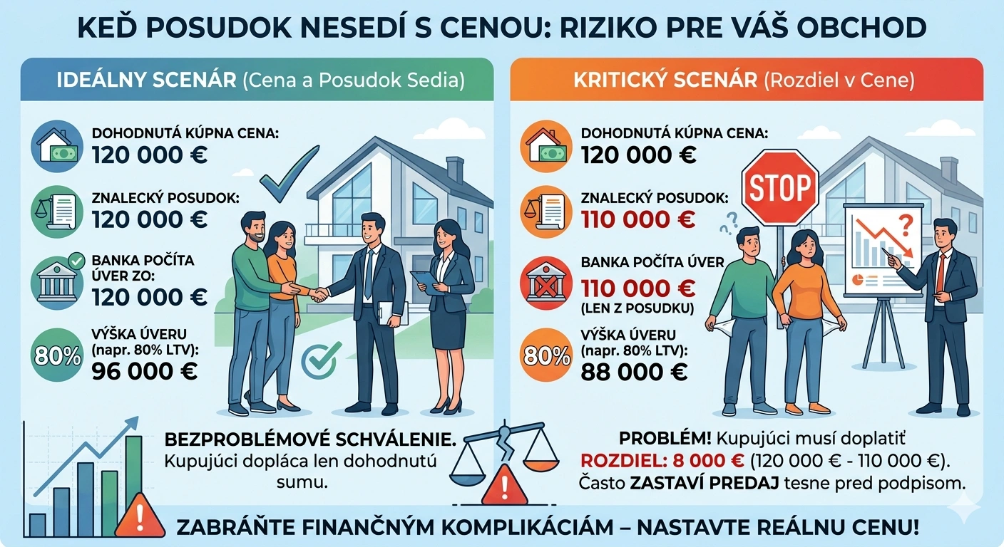 orovnávacia infografika dvoch scenárov pri kúpe bytu. Ľavá strana ukazuje bezproblémové schválenie hypotéky, keď sa kúpna cena zhoduje so znaleckým posudkom.