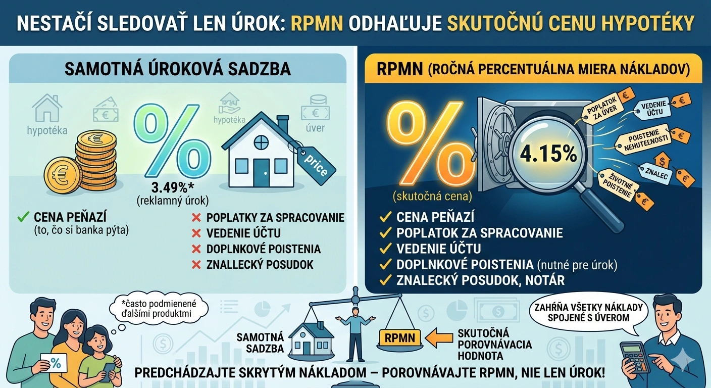 Infografika porovnávajúca samotnú úrokovú sadzbu a RPMN (ročnú percentuálnu mieru nákladov) pri hypotéke.