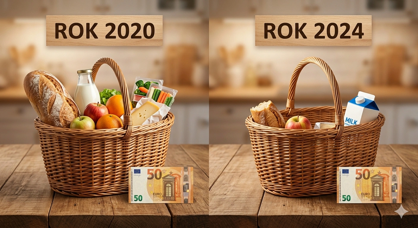 Vizuálne porovnanie vplyvu inflácie na nákupný košík potravín v roku 2020 a 2024 za rovnakú sumu 50 eur.