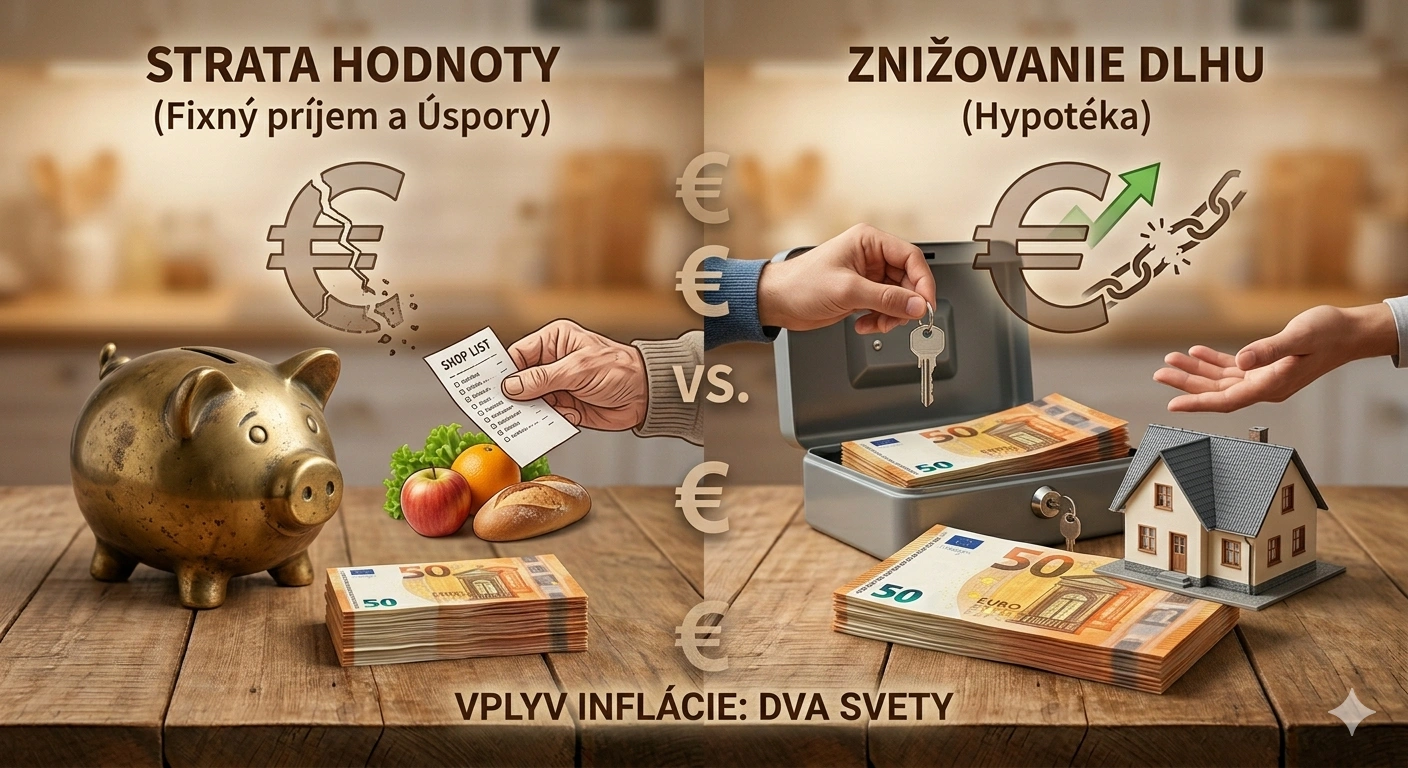 Vizuálne porovnanie vplyvu inflácie: Ľavá strana ukazuje stratu hodnoty úspor dôchodcu s rozpadajúcim sa symbolom eura a scvrknutými bankovkami. Pravá strana ukazuje znižovanie reálneho dlhu hypotéky pre mladý pár s modelom domu, celými bankovkami a trhajúcou sa reťazou.