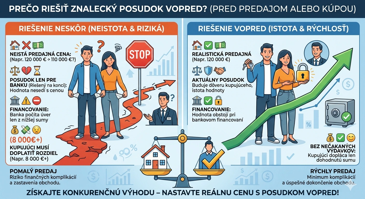 Infografika porovnávajúca riziká neskorého znaleckého posudku (neistá cena, doplatok 8 000 €) a výhody posudku vopred (rýchly predaj, istota financovania a reálna cena).