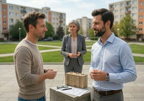 Ilustračná fotografia zachytávajúca dvoch mužov v strednom veku v diskusii na košickom sídlisku. Medzi nimi na kamennom múriku leží model panelového domu, architektonický výkres, okuliare a pero. V pozadí ich pozoruje profesionálne pôsobiaca žena v sivom kostýme. Scéna sa odohráva vonku pred bytovými domami a vizuálne komunikuje tému vyjednávania alebo riešenia vlastníckych vzťahov k nehnuteľnosti.