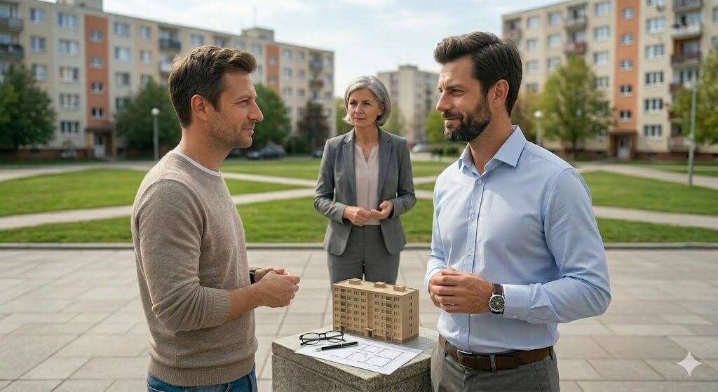 Ilustračná fotografia zachytávajúca dvoch mužov v strednom veku v diskusii na košickom sídlisku. Medzi nimi na kamennom múriku leží model panelového domu, architektonický výkres, okuliare a pero. V pozadí ich pozoruje profesionálne pôsobiaca žena v sivom kostýme. Scéna sa odohráva vonku pred bytovými domami a vizuálne komunikuje tému vyjednávania alebo riešenia vlastníckych vzťahov k nehnuteľnosti.