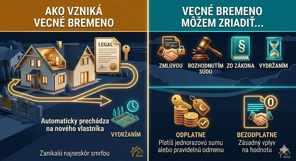 Prehľad spôsobov vzniku vecného bremena: zmluvou, rozhodnutím súdu, zo zákona alebo vydržaním, vrátane odplatnej formy.