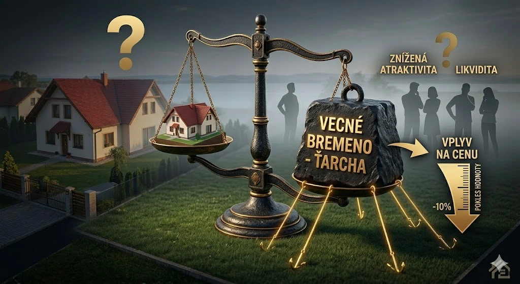 Váhy porovnávajúce hodnotu domu s ťarchou vecného bremena, znázorňujúce pokles ceny a zníženú likviditu.