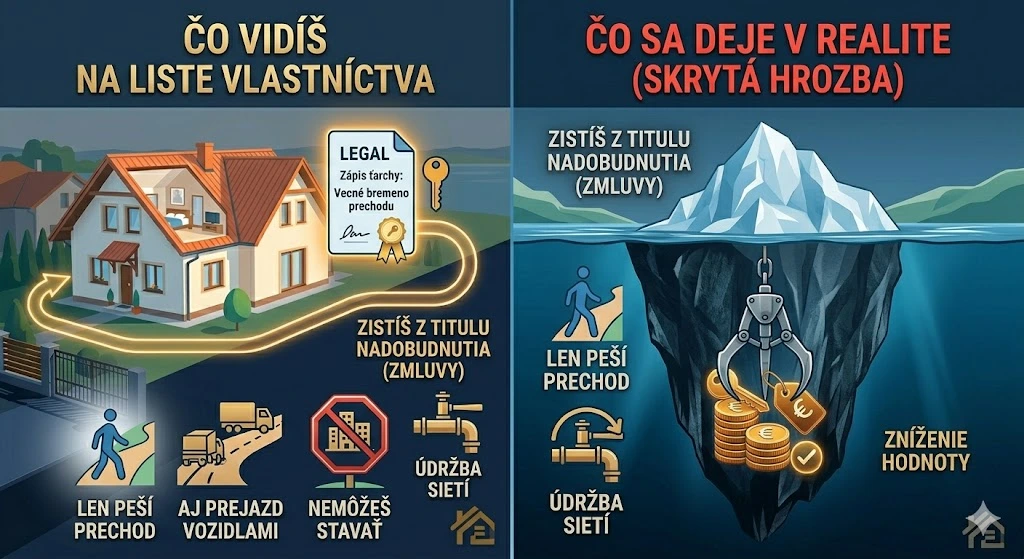 Metafora ľadovca zobrazujúca rozdiel medzi zápisom v katastri a reálnymi obmedzeniami, ako sú údržba sietí či zákaz stavby.