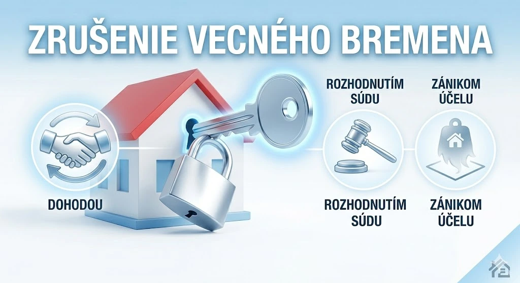 Grafické znázornenie možností zrušenia vecného bremena: dohodou, rozhodnutím súdu alebo zánikom účelu.