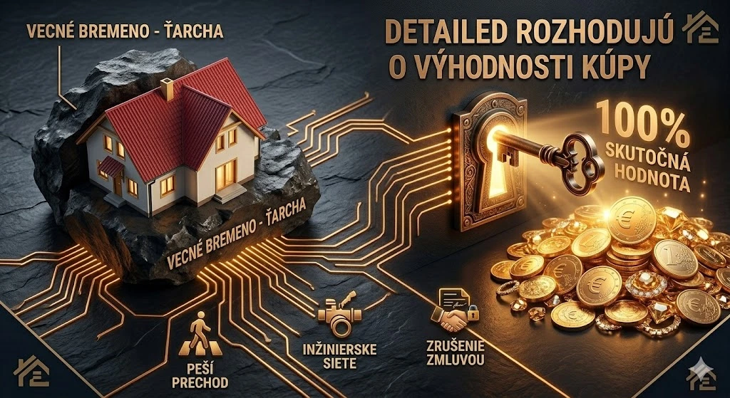 Vizualizácia domu v skale symbolizujúca ťarchu, prepojená s kľúčom k skutočnej hodnote nehnuteľnosti.