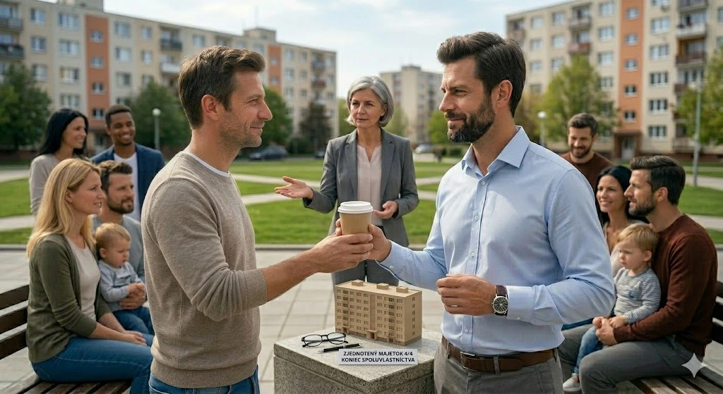 Záverečná scéna na sídlisku. Investor v modrej košeli odovzdáva kávu spokojnému spoluvlastníkovi. Na kamennom podstavci je model bytovky s nápisom „Zjednotený majetok 4/4“. V pozadí je celá rodina, ktorá teraz pôsobí pokojne a zmierene.