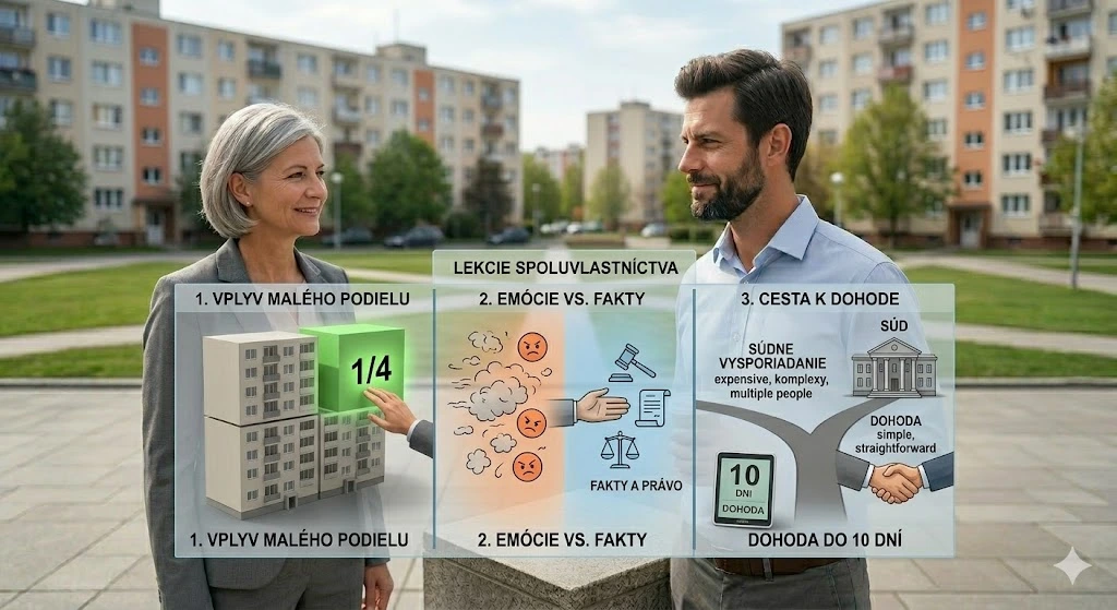 Konceptuálny obrázok rozdelený na tri časti: 1. Model budovy so zvýraznenou 1/4, 2. Ilustrácia premeny hnevu na fakty a právo, 3. Rázcestie medzi súdom a rýchlou dohodou do 10 dní. V popredí stoja investor a mediátorka.