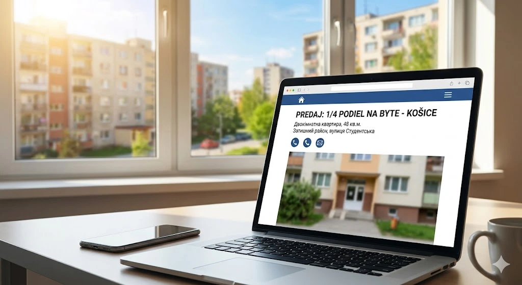 Notebook otvorený na pracovnom stole v presvetlenom byte. Na obrazovke je zobrazený realitný portál s ponukou na predaj 1/4 podielu na byte v Košiciach na Študentskej ulici. V pozadí je cez okno vidieť sídlisko.