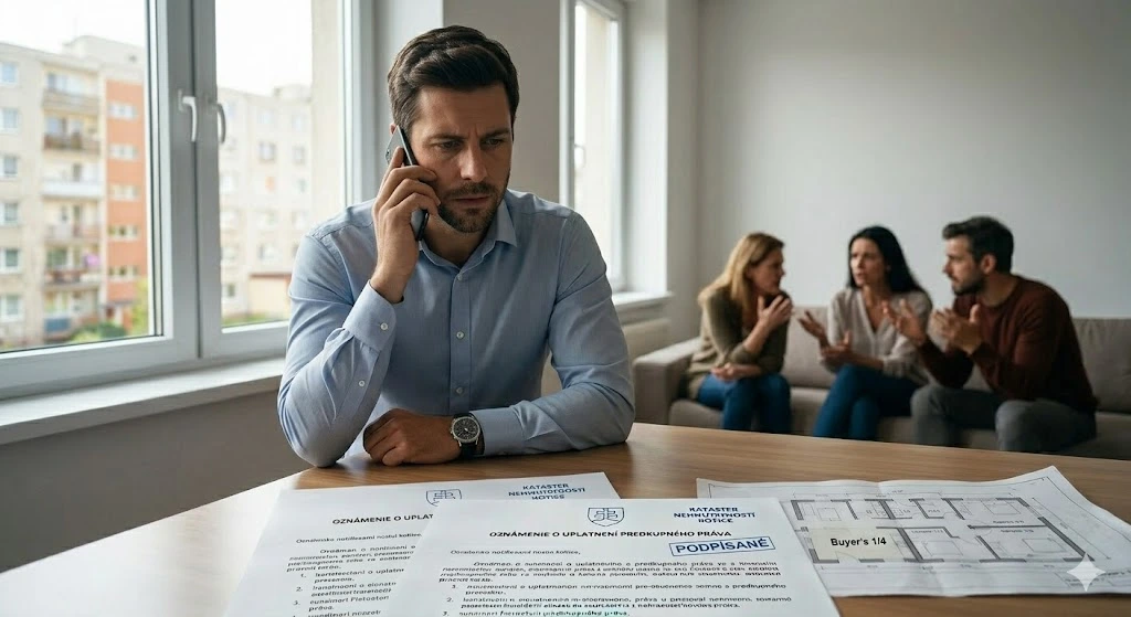 Muž v košeli opäť telefonuje pri stole, na ktorom ležia podpísané oznámenia z katastra a pôdorys bytu. V pozadí na gauči sedia tri osoby (pôvodní majitelia), ktoré vyzerajú prekvapene a diskutujú o novej situácii.