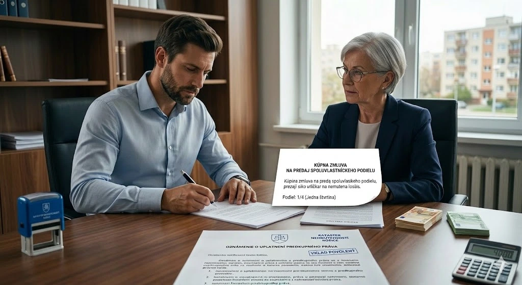 Detailný záber na podpis kúpnej zmluvy na 1/4 podielu. Muž v košeli podpisuje papiere, zatiaľ čo sa na neho pozerá staršia žena v okuliaroch (notárka/právnička). Na stole sú balíčky peňazí, kalkulačka a úradná pečiatka.