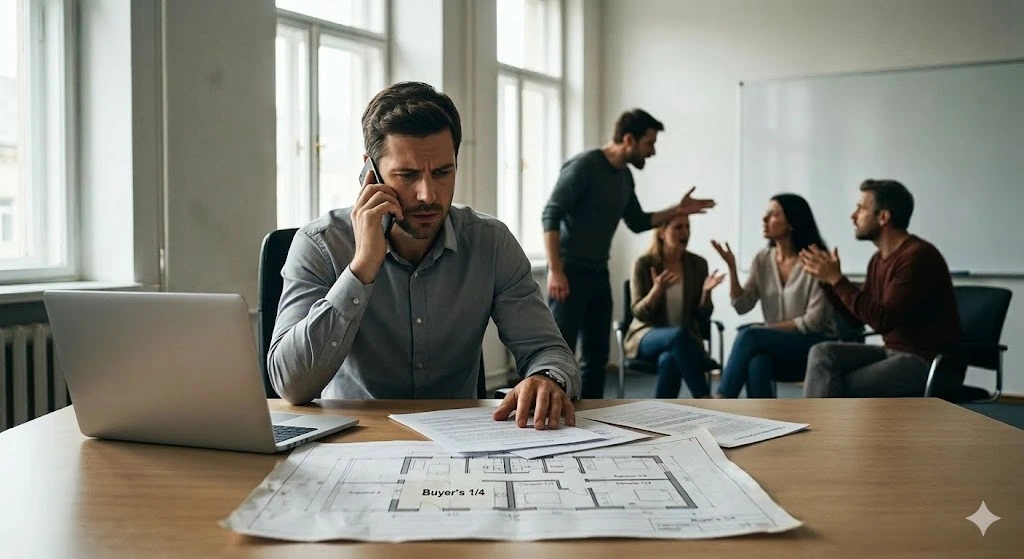 Muž v svetlomodrej košeli (investor) sedí v kancelárii pri notebooku a telefonuje s vážnym výrazom. Pred ním leží pôdorys bytu so zvýraznenou štvrtinou. V rozostrenom pozadí sa nachádza skupina ľudí v emotívnej diskusii.