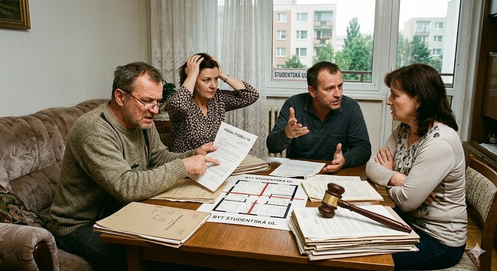 Skupina štyroch ľudí v obývačke pri stole plnom dokumentov. Starší muž ukazuje na zmluvu o podiele, žena vedľa neho si zúfalo drží hlavu, zatiaľ čo druhý muž nahnevane gestikuluje smerom k ďalšej žene. Na stole leží kladivko a pôdorys bytu.