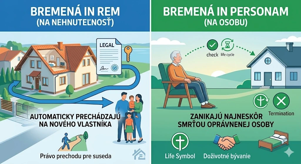 Infografika vysvetľujúca rozdiel medzi bremenom in rem (automatický prechod na nového vlastníka) a in personam (doživotné bývanie).