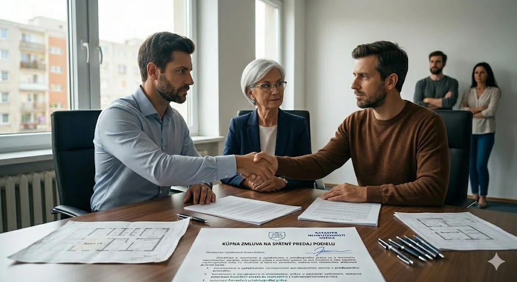 Investor v modrej košeli si podáva ruku s jedným zo spoluvlastníkov nad dokumentom „Kúpna zmluva na spätný predaj podielu“. Medzi nimi sedí nezaujatá staršia žena ako mediátorka. V pozadí stoja ďalší dvaja členovia rodiny so založenými rukami.