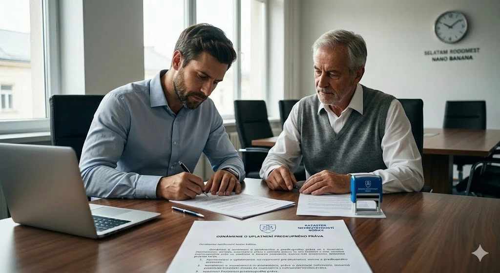 investor v modrej košeli podpisuje dokument „Oznámenie o uplatnení predkupného práva“ v kancelárii. Oproti nemu sedí starší muž v veste, ktorý na proces dohliada. Na stole je položená modrá pečiatka a notebook.