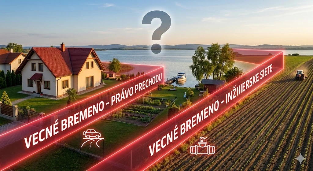 Dom pri vode na východnom Slovensku (pri šírave) s grafickým znázornením vecného bremena pre inžinierske siete a práva prechodu.