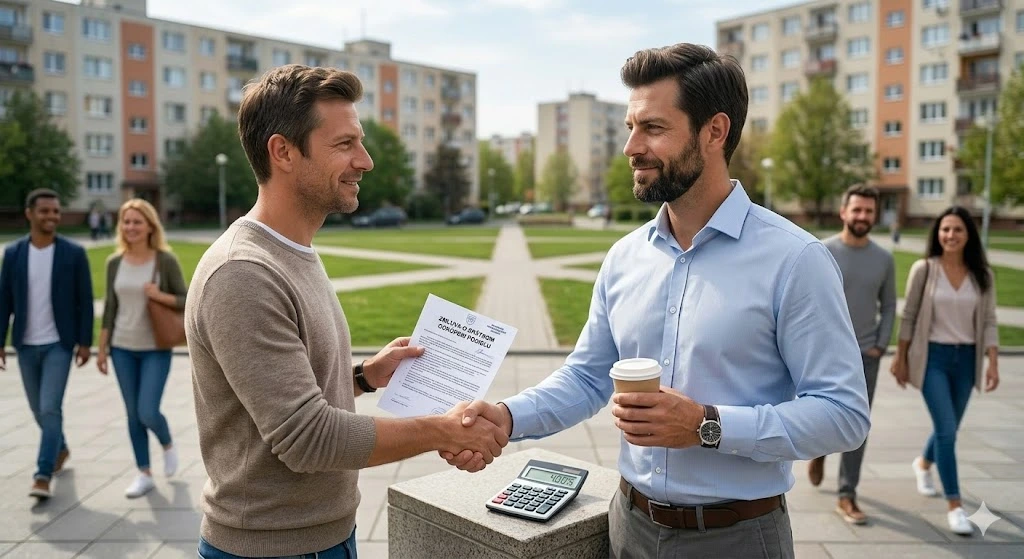 Investor a spoluvlastník si s úsmevom podávajú ruky vonku na priestranstve sídliska. Investor drží kávu, druhý muž drží zmluvu o spätnom odkúpení. Na kamennom plynte pred nimi je kalkulačka ukazujúca zhodnotenie.