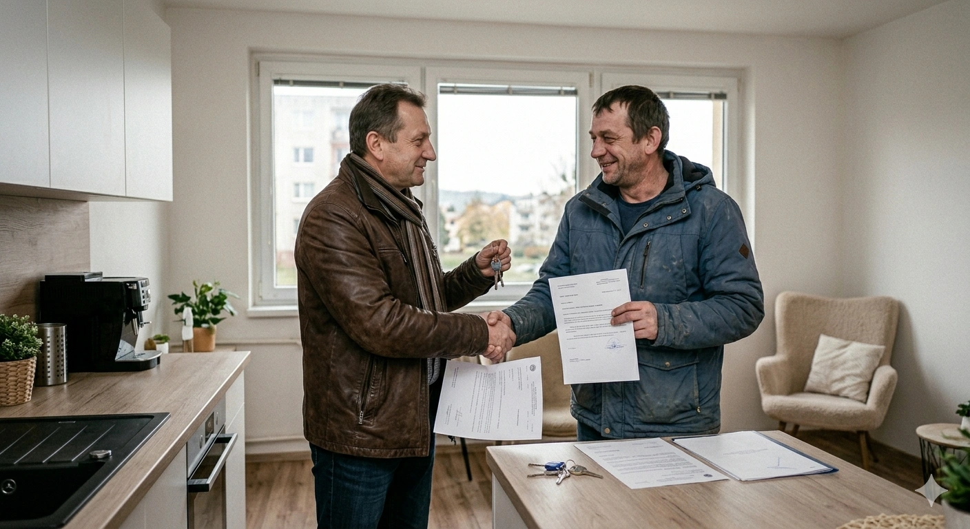 Realitný maklér odovzdáva kľúče a dokumenty klientovi v zrekonštruovanom byte, riešenie predaja nehnuteľnosti s exekúciou pre hotovostného kupca.
