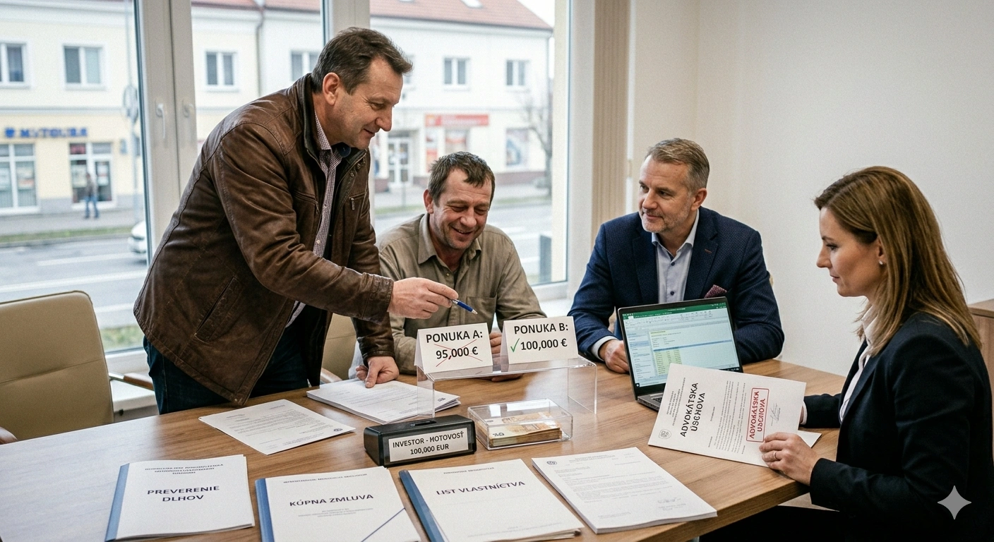 Realitný špecialista a advokátka v kancelárii vysvetľujú klientovi proces zrýchleného predaja bytu s exekúciou.