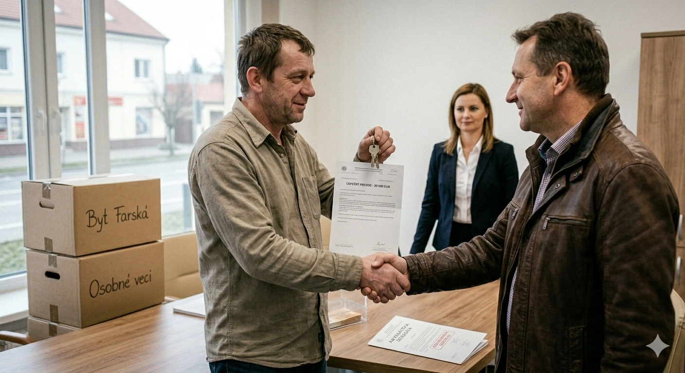 Spokojný klient si podáva ruku s realitným špecialistom v kancelárii po úspešnom zrušení dražby bytu v poslednej chvíli
