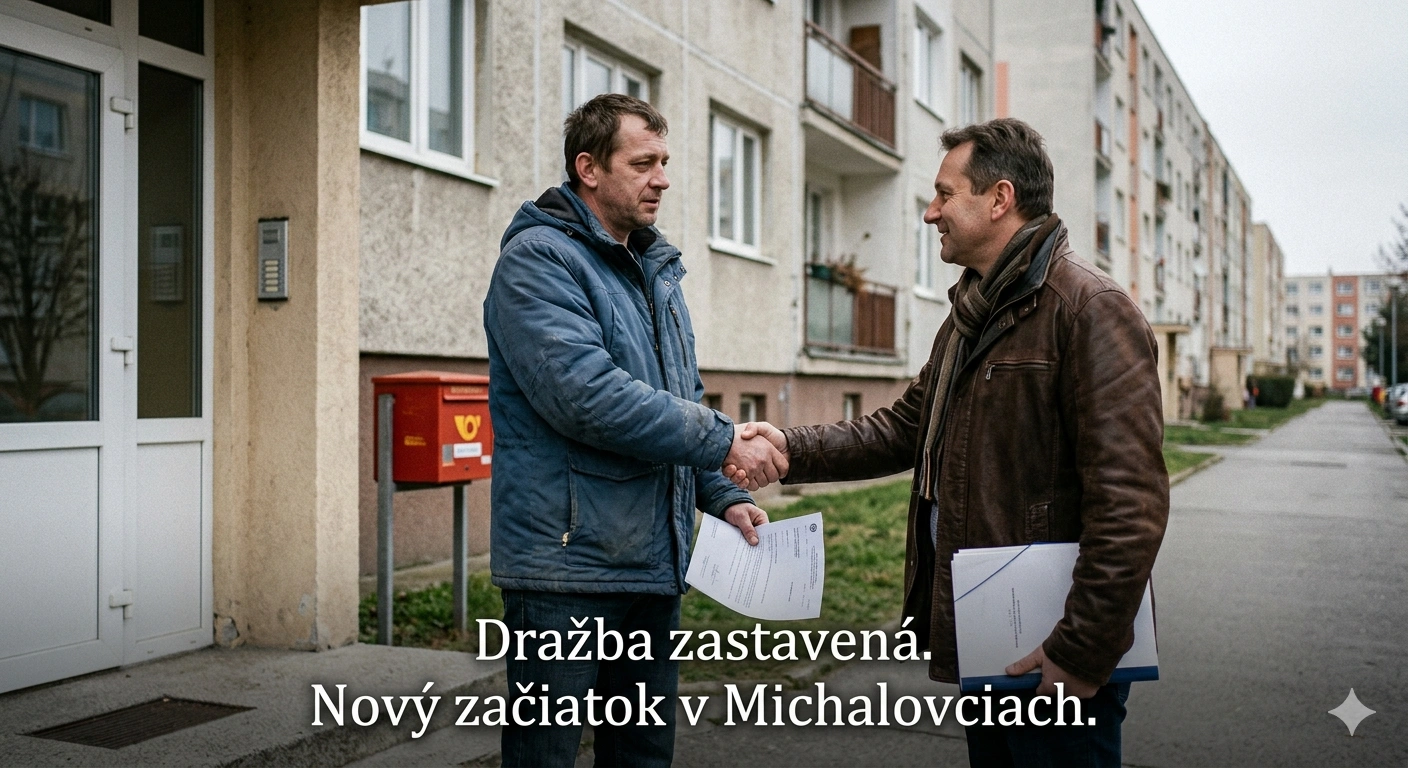 Realitný špecialista a klient si podávajú ruky pred bytovkou v Michalovciach po úspešnom zastavení dražby bytu.