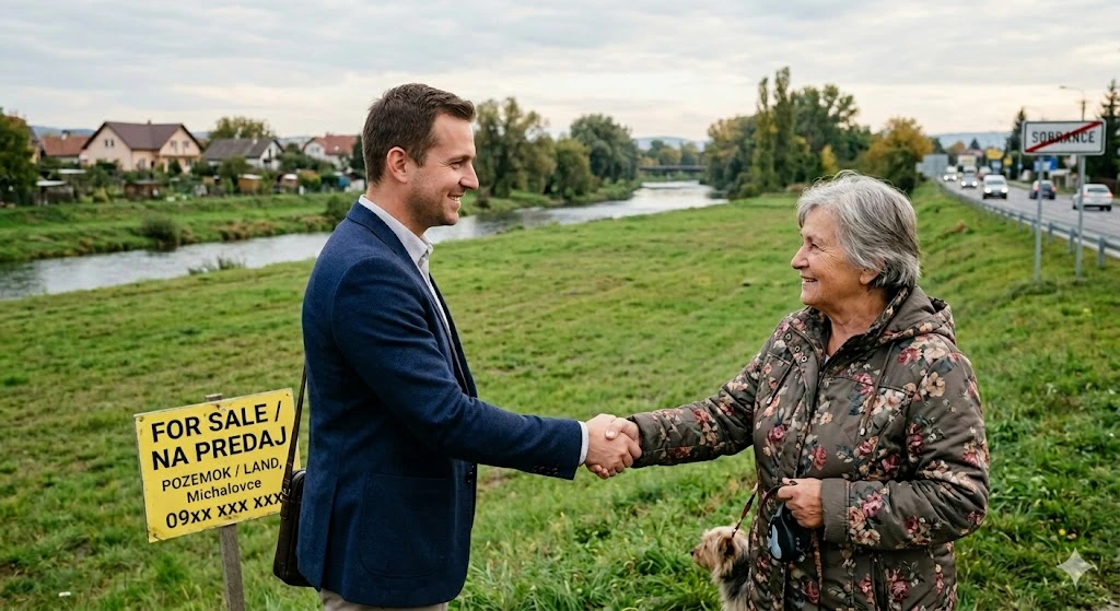 Predaj pozemku Michalovce.. Realitný maklér v modrom saku si podáva ruku so staršou majiteľkou na trávnatom pozemku pri rieke Laborec v Michalovciach. Vedľa nich je žltá tabuľa "Na predaj" a v pozadí tabuľa smer Sobrance.