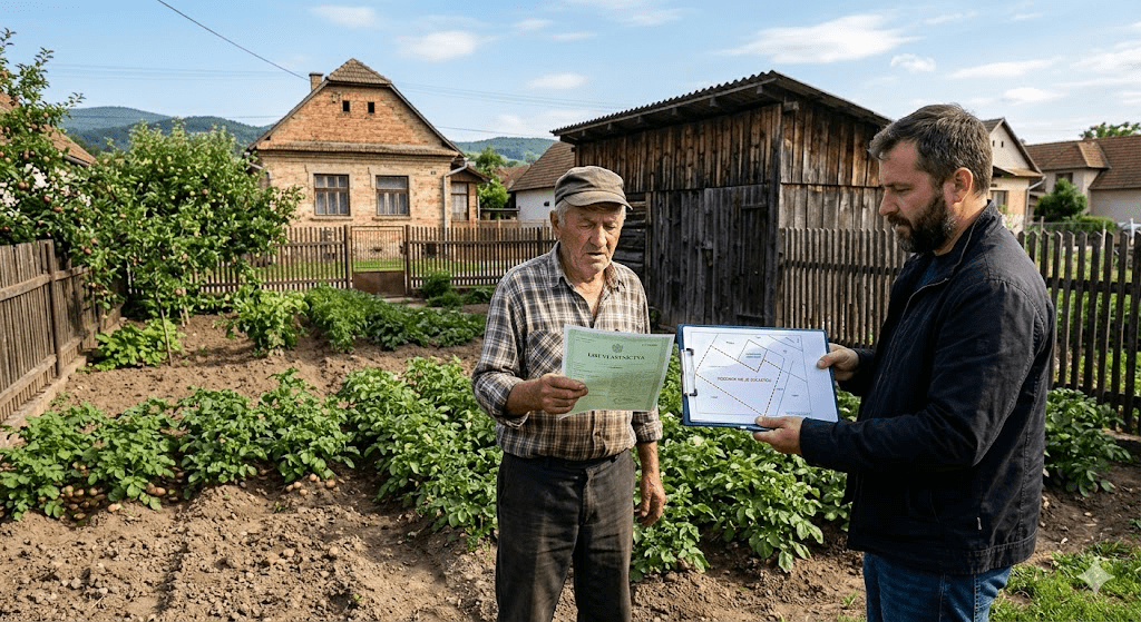 Dom s chybou na LV. Realitný maklér ukazuje majiteľovi pozemku list vlastníctva a geometrický plán, pričom vysvetľuje nezrovnalosti v hraniciach záhrady.