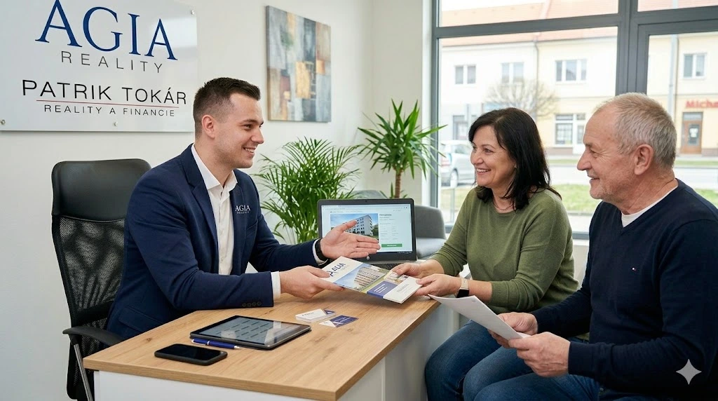 Realitný maklér Patrik Tokár pri osobnej konzultácii s klientmi v kancelárii AGIA Reality, odovzdávanie informačných materiálov.