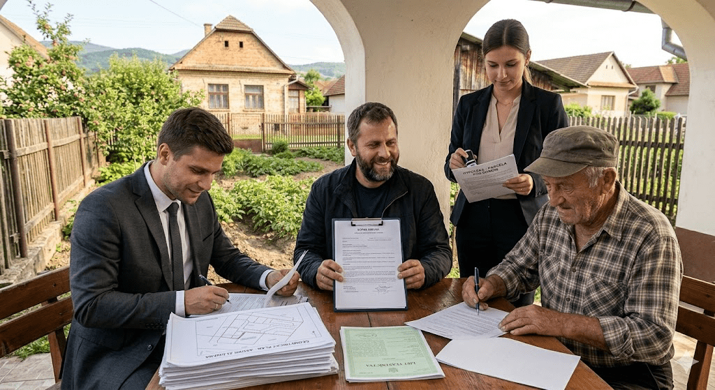 Skupina ľudí sedí pri stole v záhrade a podpisuje právne dokumenty týkajúce sa vyriešenia vlastníckych vzťahov k nehnuteľnosti.