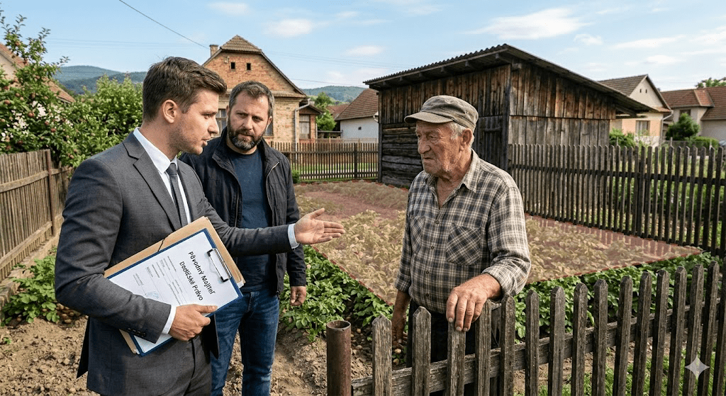 Odborník v obleku vysvetľuje staršiemu pánovi dokumenty týkajúce sa dedičského práva a pôvodného vlastníctva pozemku.