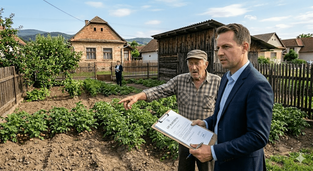 Maklér a majiteľ nehnuteľnosti stoja v záhrade, pričom maklér ukazuje na hranice pozemku podľa informácií z listu vlastníctva.